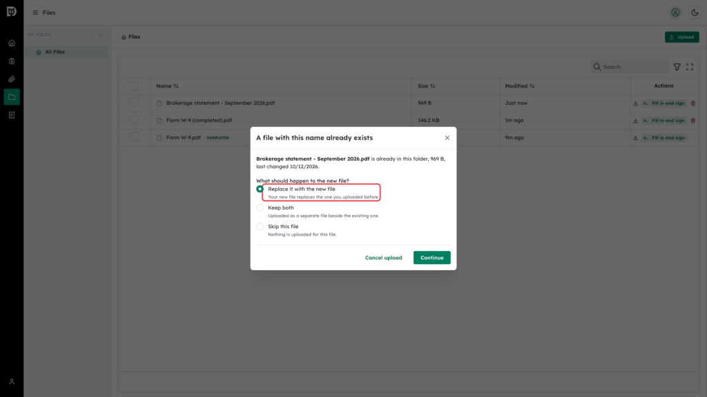 Replace it with the new file option highlighted