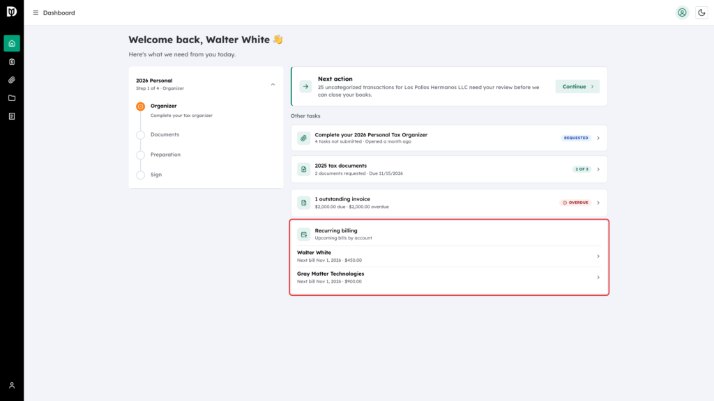 Recurring billing card highlighted on the client dashboard