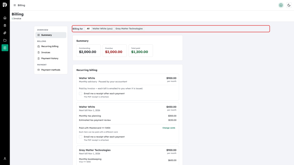 Billing for switcher highlighted at the top of the Billing page