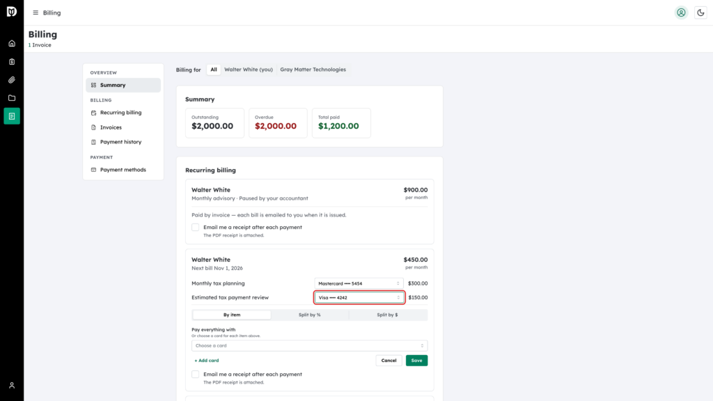 Card picker highlighted for one item on the plan