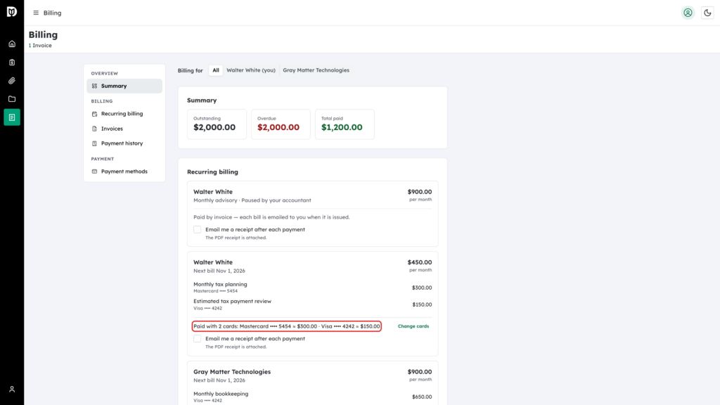Paid with 2 cards summary highlighted on the plan