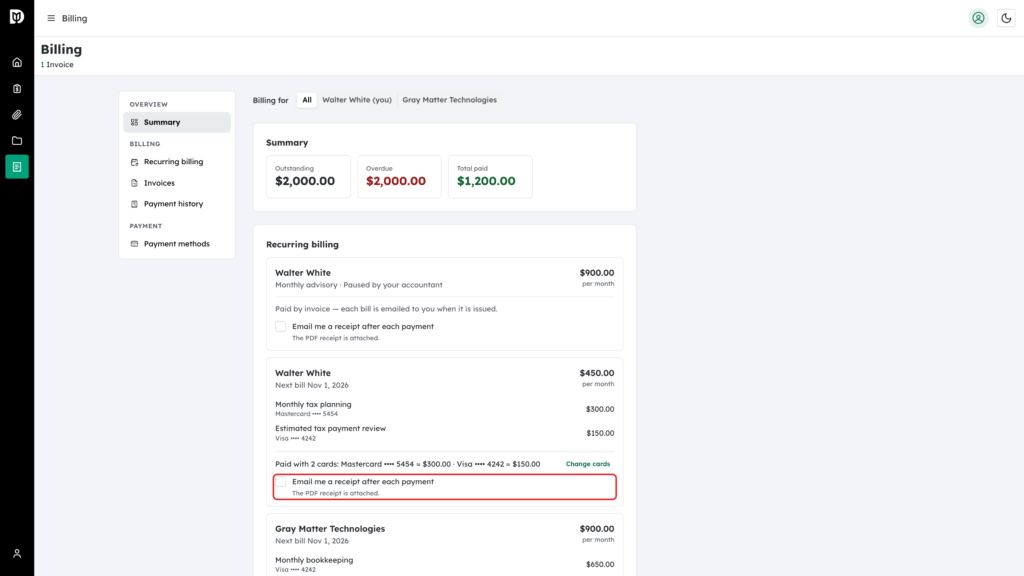 Email me a receipt after each payment checkbox highlighted