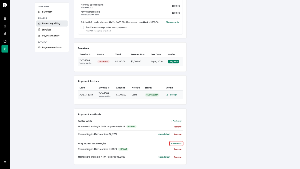 Add card link highlighted for a business in Payment methods