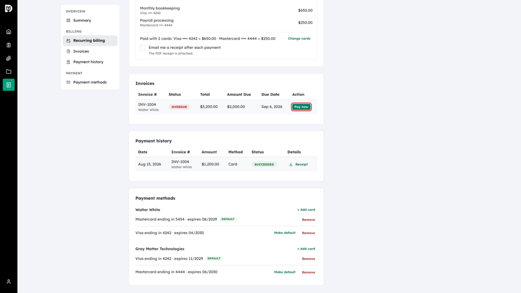 Pay now button highlighted on an overdue invoice