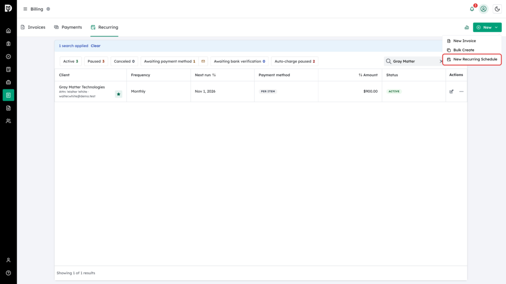 New Recurring Schedule highlighted in the New menu