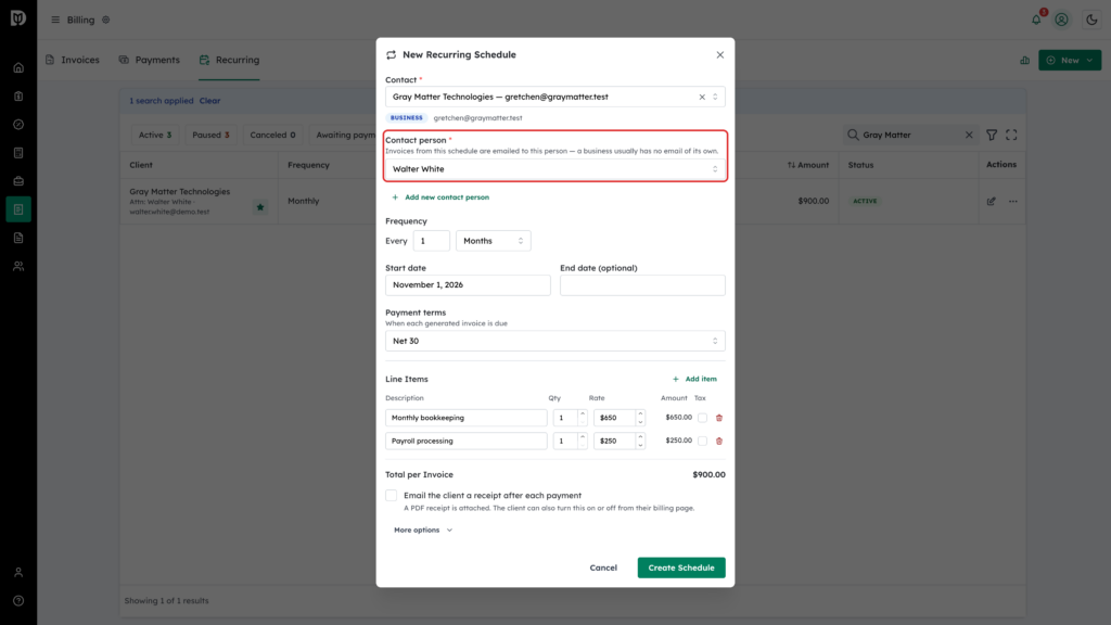 Contact person field highlighted with Walter White selected