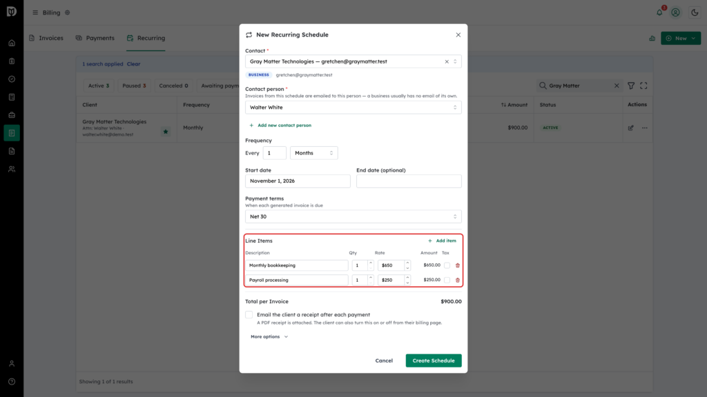 Line Items section highlighted with two items