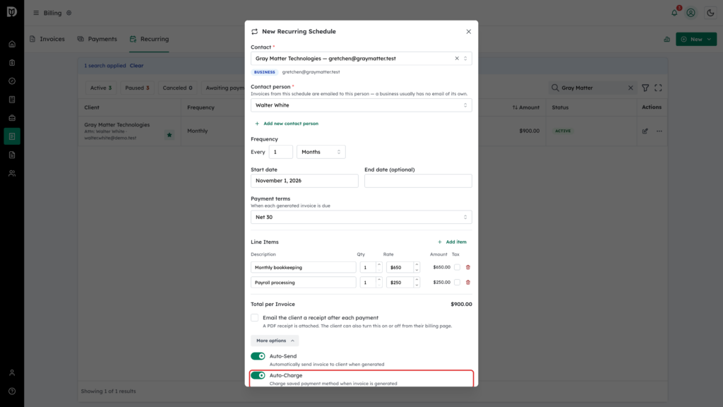 Auto-Charge switch highlighted under More options