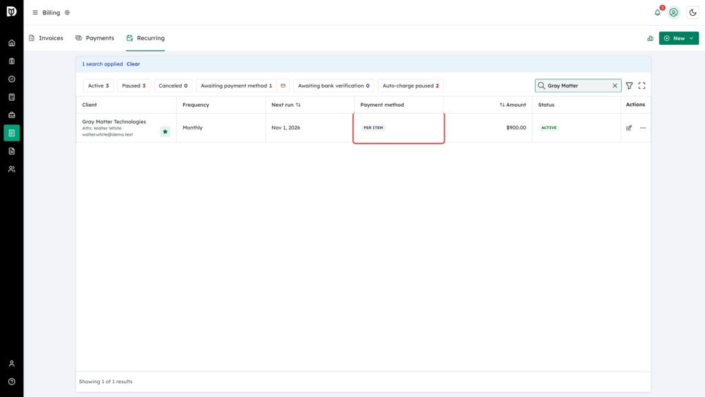 PER ITEM payment method badge highlighted on the Recurring table