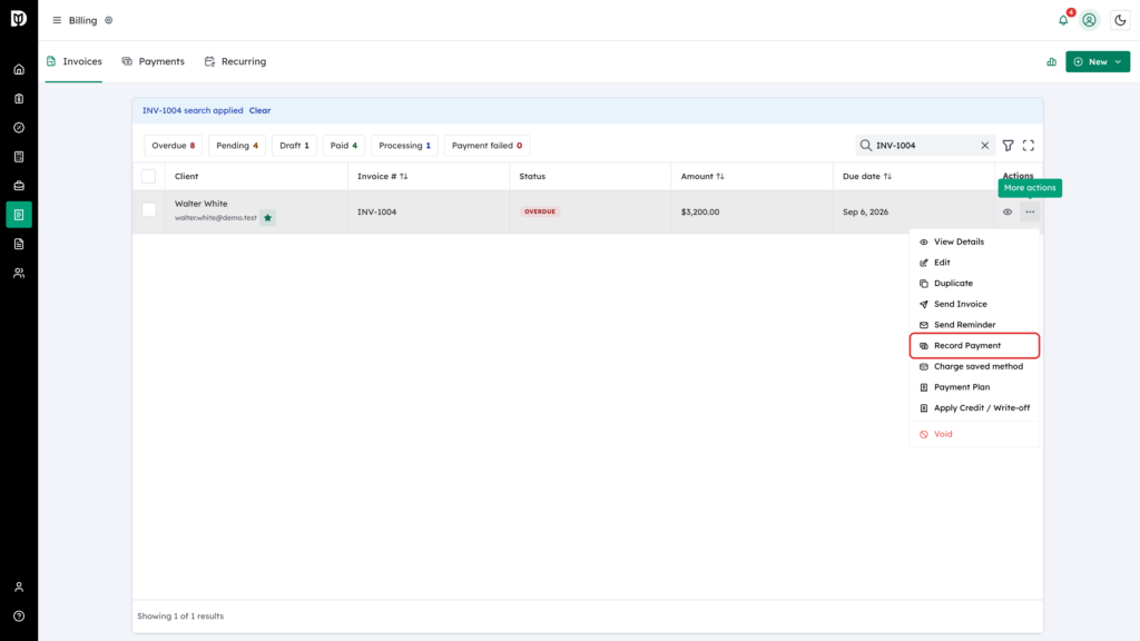 Record Payment highlighted in an invoice row menu