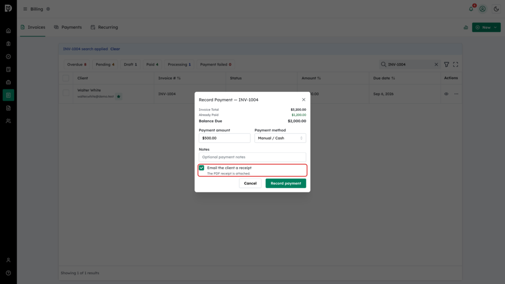 Email the client a receipt checkbox highlighted, ticked by default