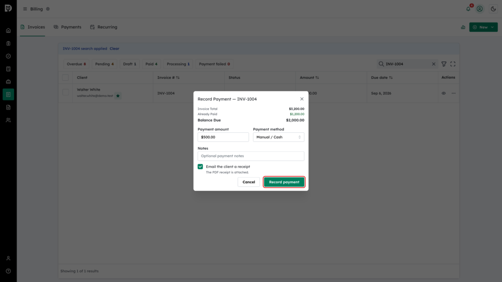 Record payment button highlighted