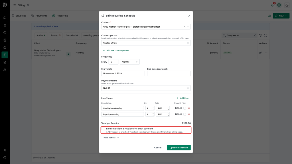 Email the client a receipt after each payment checkbox highlighted in Edit Recurring Schedule