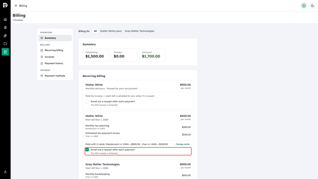 Email me a receipt after each payment checkbox highlighted and ticked on the client billing page
