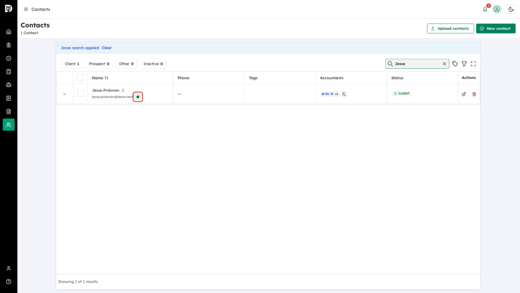 Magic link star button highlighted on a contact row