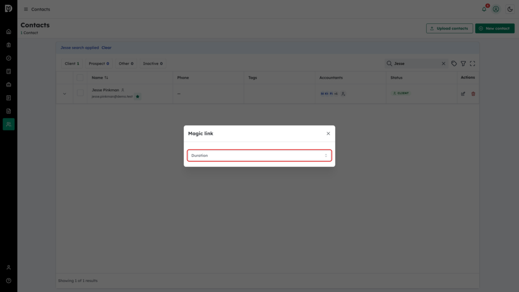 Duration field highlighted in the Magic link window