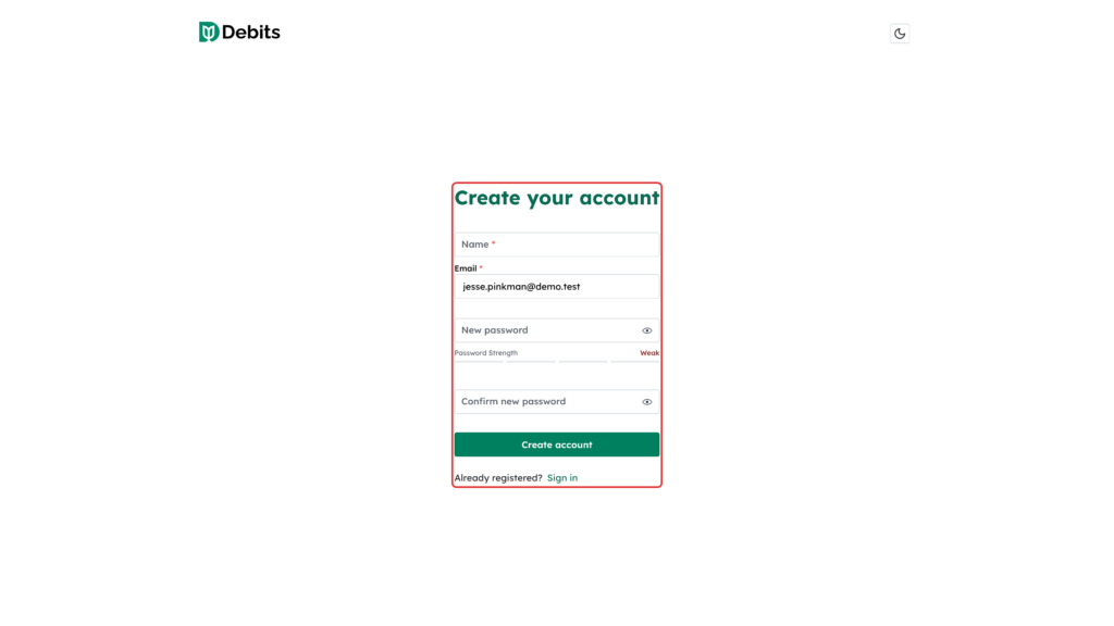 Create your account form the client sees on first click
