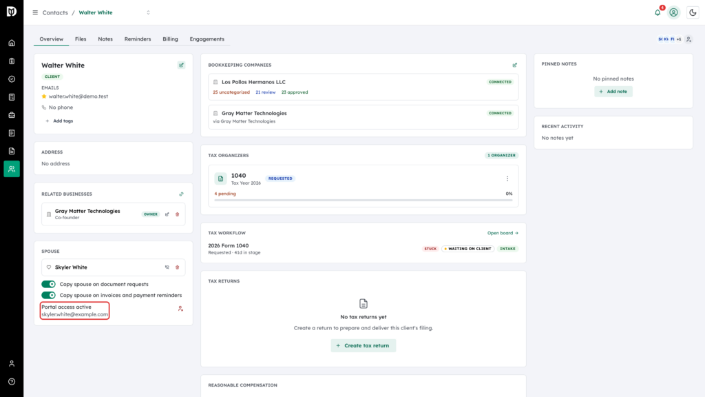Portal access active row highlighted with the spouse email