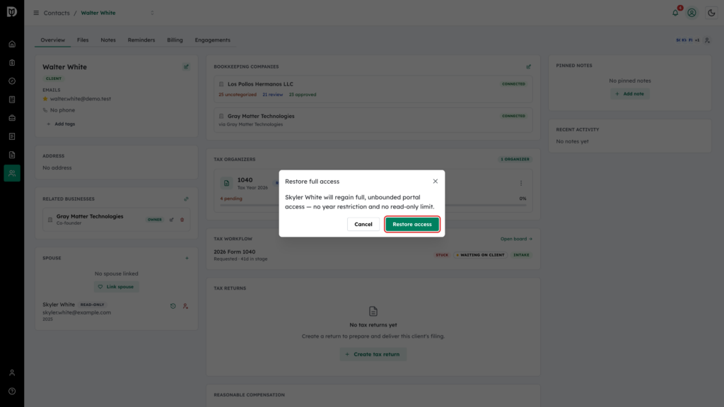 Restore access button highlighted in the confirmation
