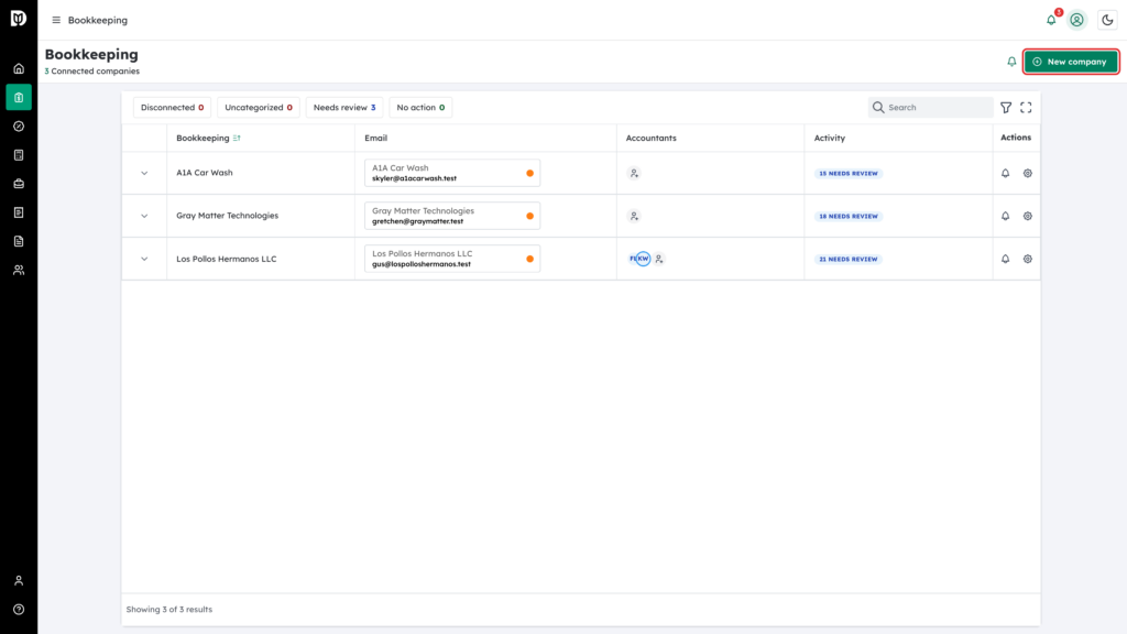 New company button at the top right of the Bookkeeping page