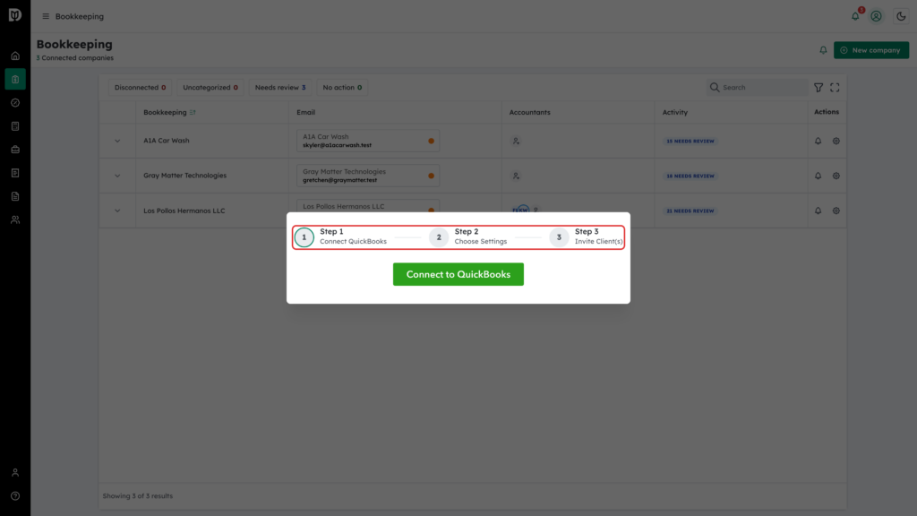 Step 1 Connect QuickBooks, Step 2 Choose Settings and Step 3 Invite Client(s) across the top of the wizard
