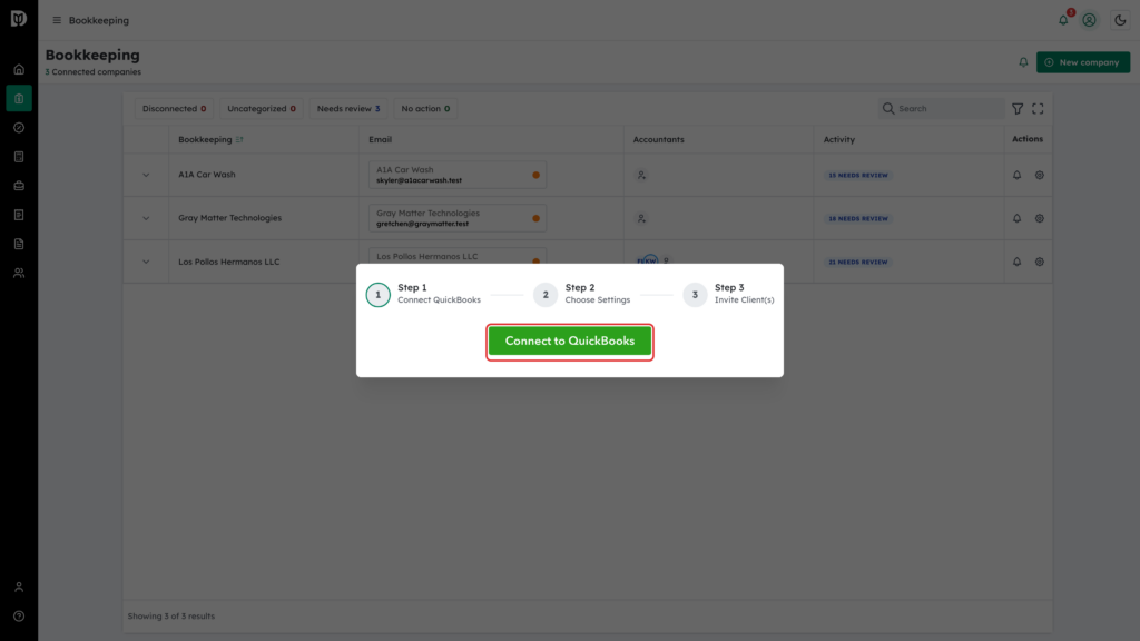 Green Connect to QuickBooks button inside the wizard