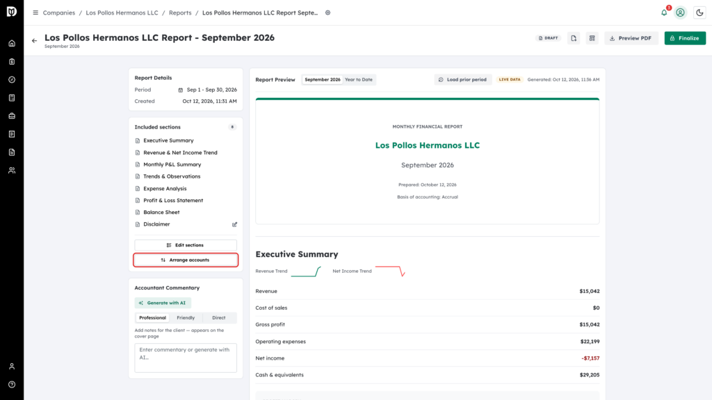Arrange accounts button highlighted under Included sections