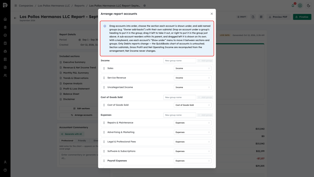 Instructions panel highlighted at the top of the Arrange report accounts window