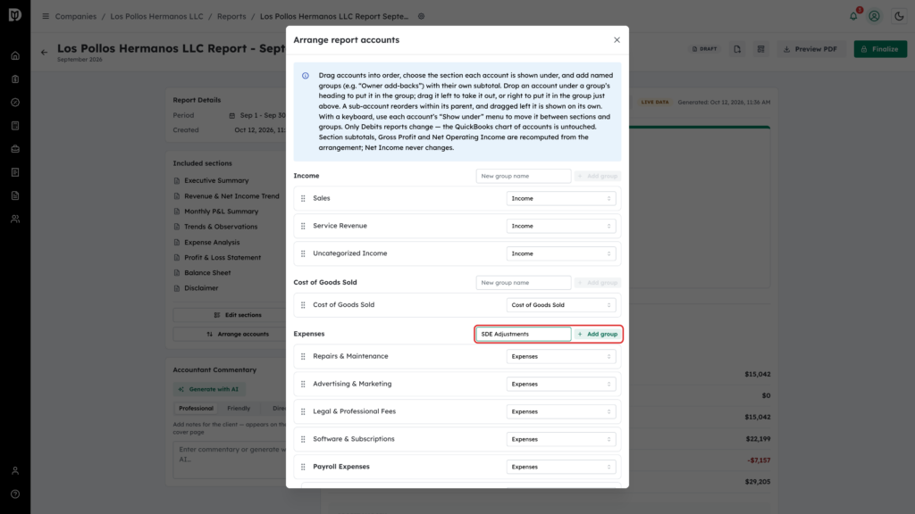 New group name box with SDE Adjustments typed and the Add group button highlighted