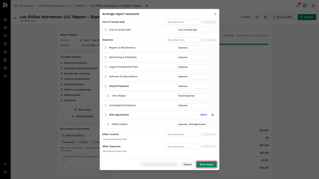 Save layout button highlighted in the Arrange report accounts window