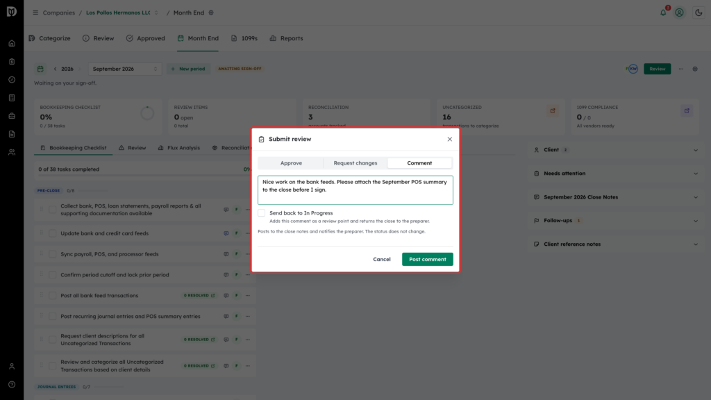 Submit review window with Comment chosen and a note typed in