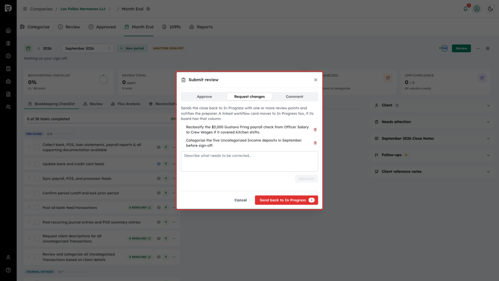 Submit review window with Request changes chosen and two review points added