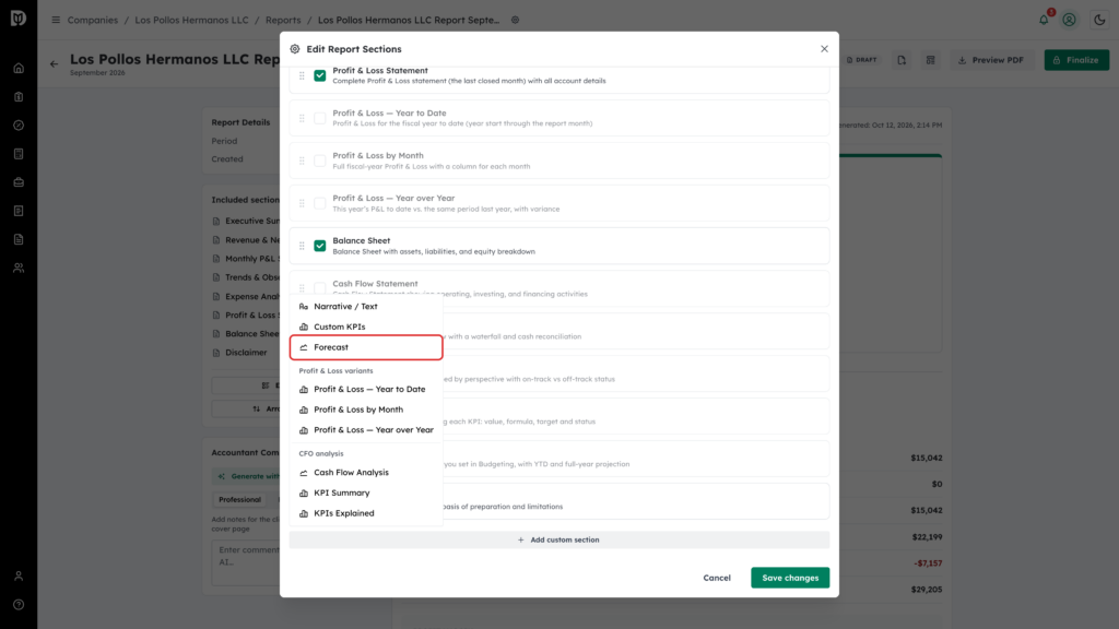 Forecast option highlighted in the Add custom section menu