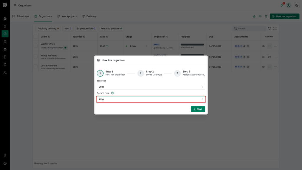 The Return type field highlighted in the New tax organizer window, set to 1120