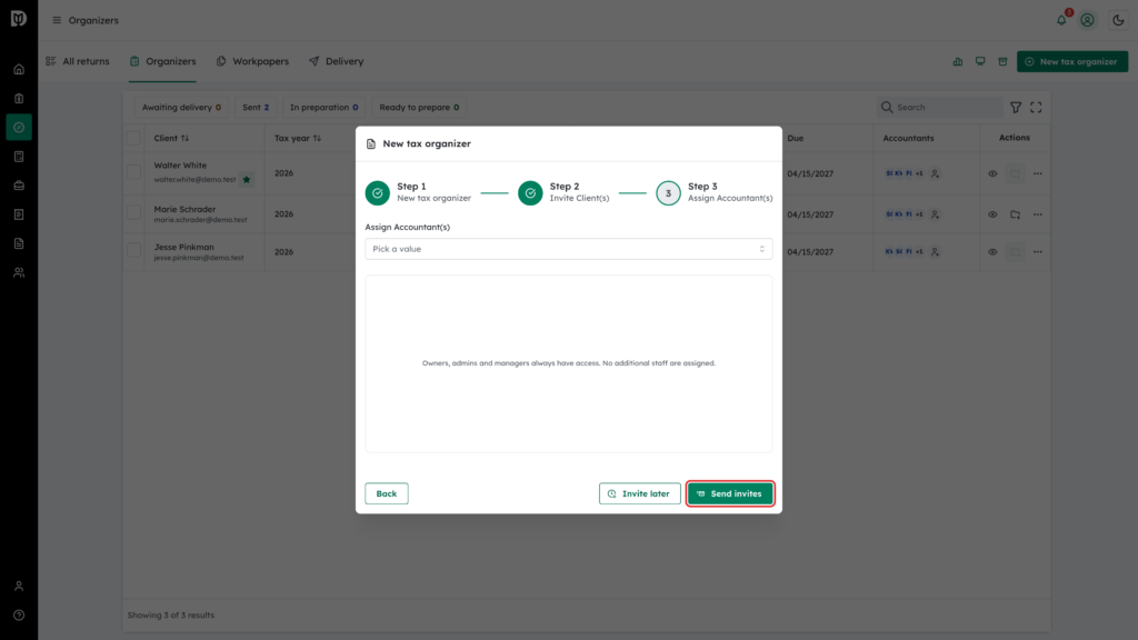 The Send invites button highlighted in Step 3, Assign Accountant(s)
