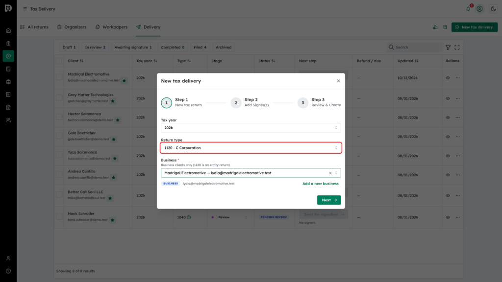 The Return type field highlighted in the New tax delivery window, set to 1120 - C Corporation, with Madrigal Electromotive as the business