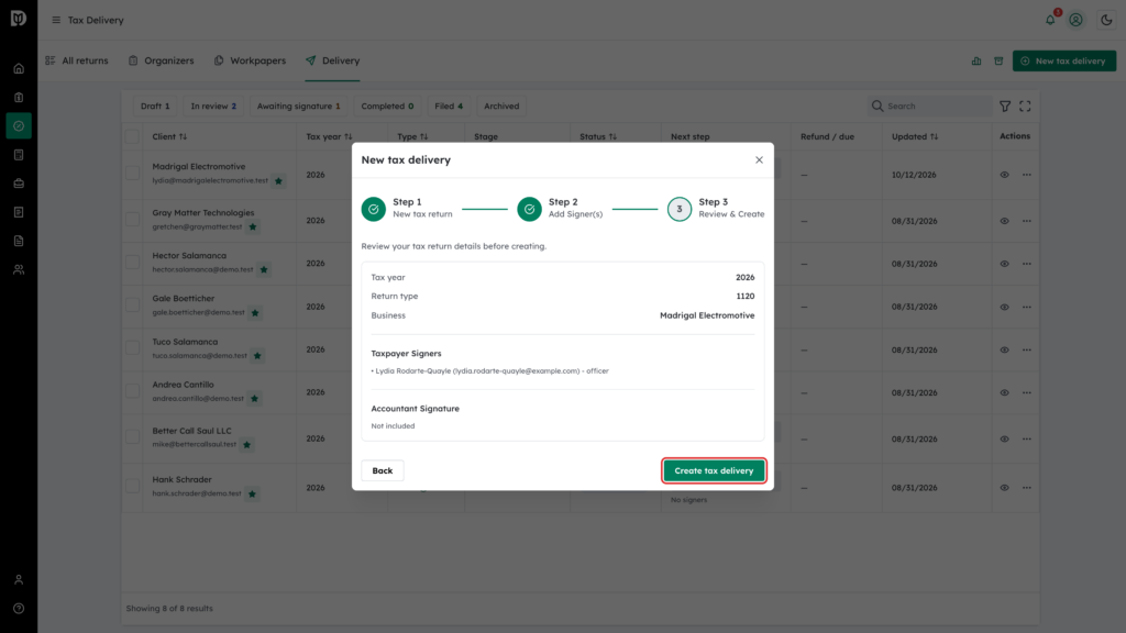 The Create tax delivery button highlighted on the Review & Create step for the 1120