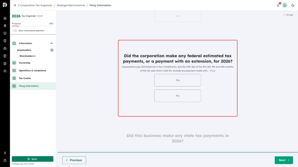 The C-corporation question about federal estimated tax payments highlighted in Madrigal Electromotive's organizer