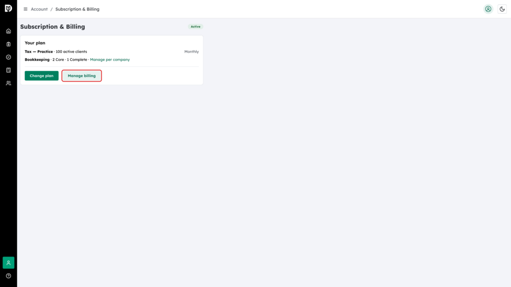 The Manage billing button on the Your plan card