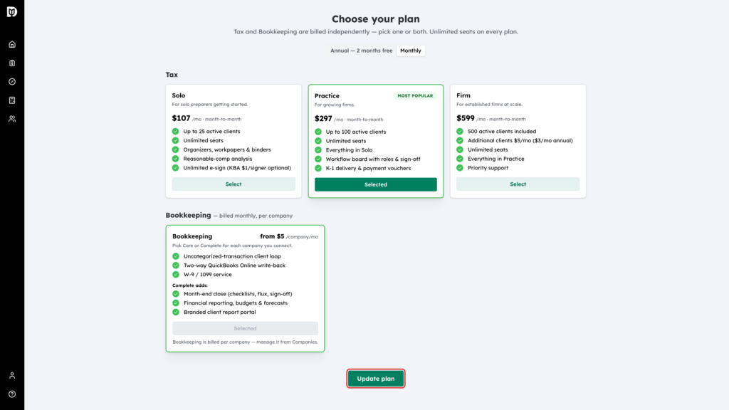 The Update plan button on the Choose your plan page