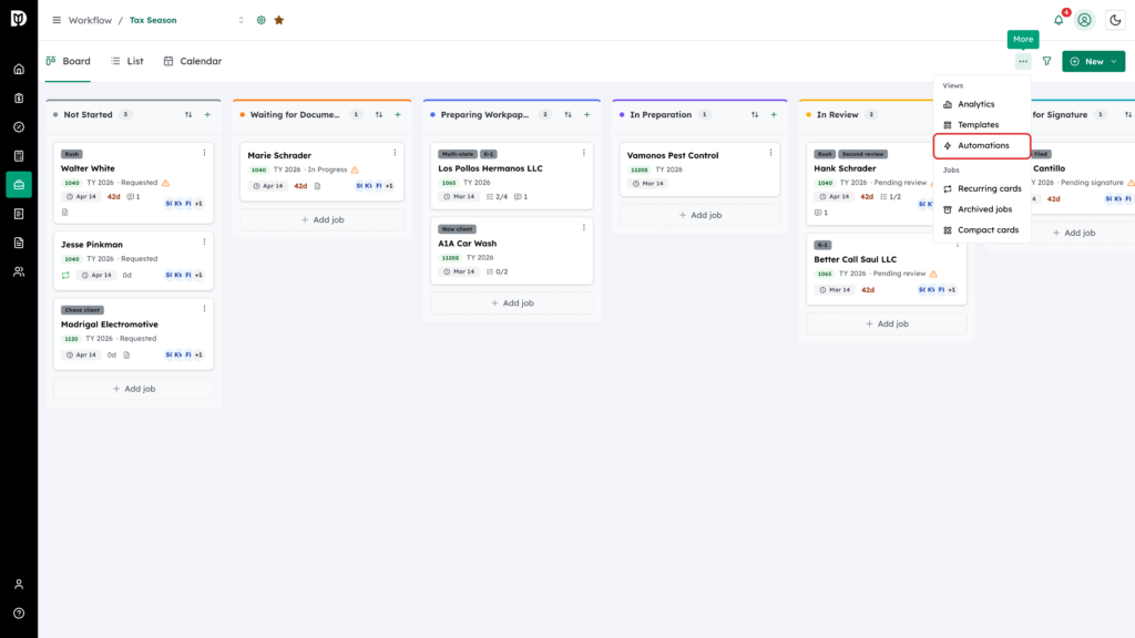 Automations option highlighted in the workflow menu