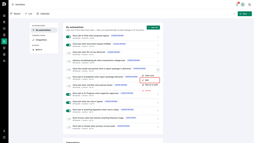 Edit option highlighted in the rule's menu