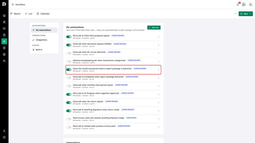 Close the month-end period rule highlighted with its switch turned on