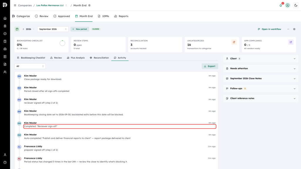 Completed Reviewer sign-off entry highlighted in the Activity timeline