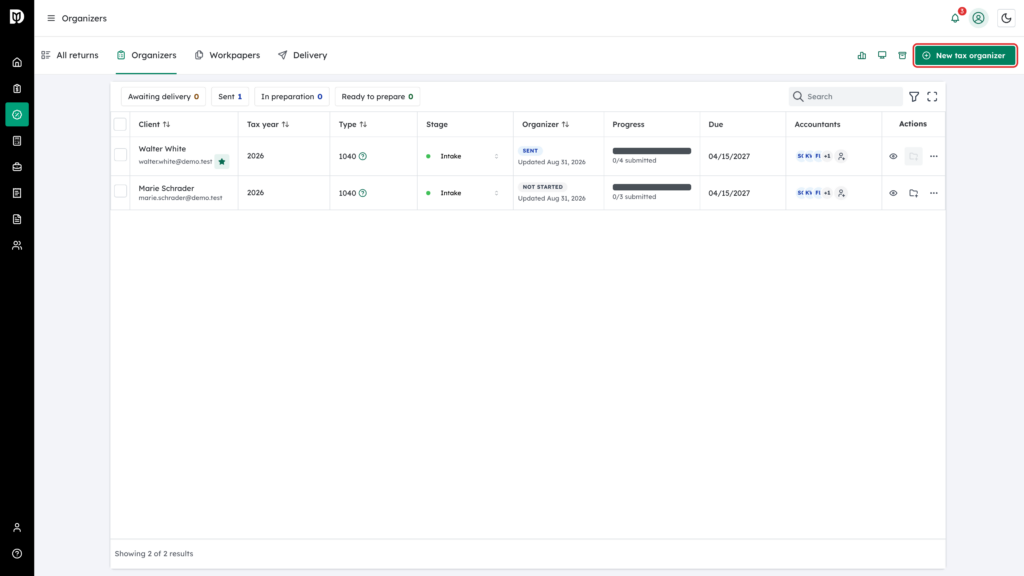 The New tax organizer button in the Tax tab bar, highlighted