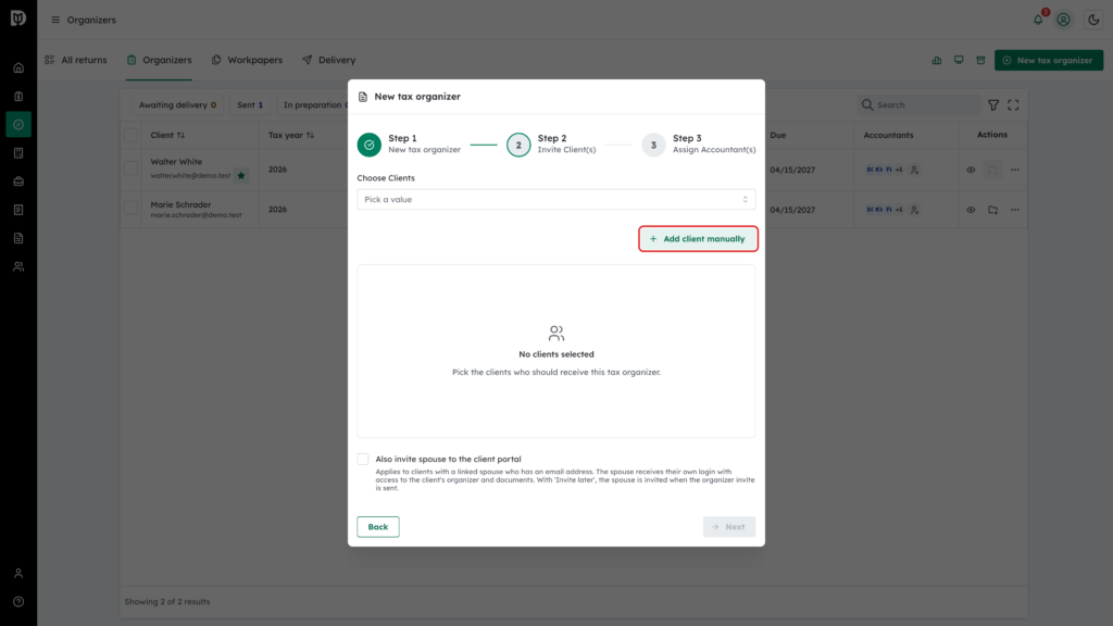 The Add client manually button in Step 2, Invite Client(s), highlighted