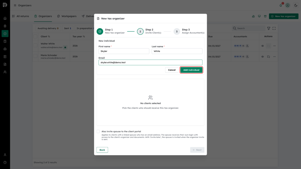 The Add individual button highlighted below the First name, Last name and Email fields, with Skyler White's details filled in