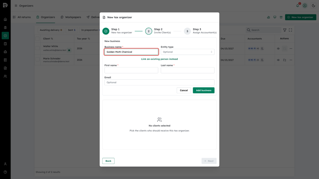 The Business name field, highlighted, in the New business form, with Entity type and the contact person fields below