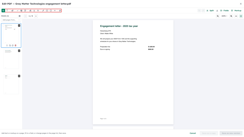 Markup toolbar highlighted at the top of the PDF editor