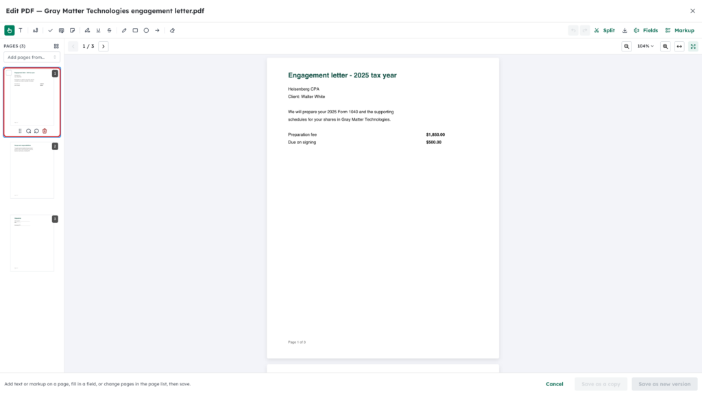 Page 1 thumbnail with its move, rotate and remove controls highlighted